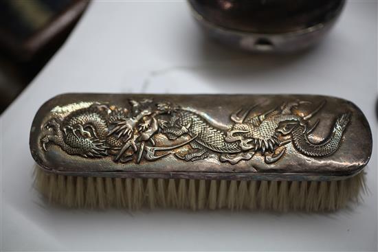 An early 20th century Japanese silver soap box and a clothes brush, box 4.25in.